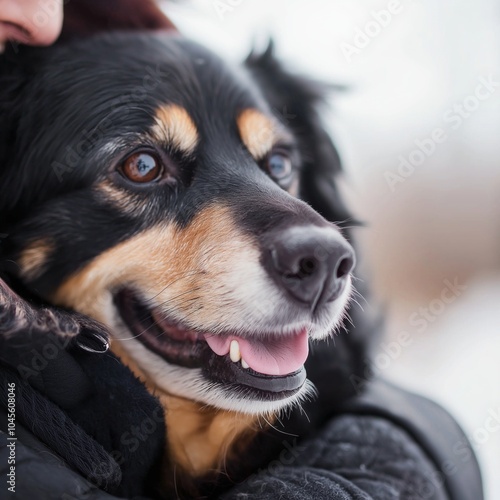 A cheerful dog with a warm smile is captured in a close-up portrait while enjoying a snowy embrace with its owner outside. photo