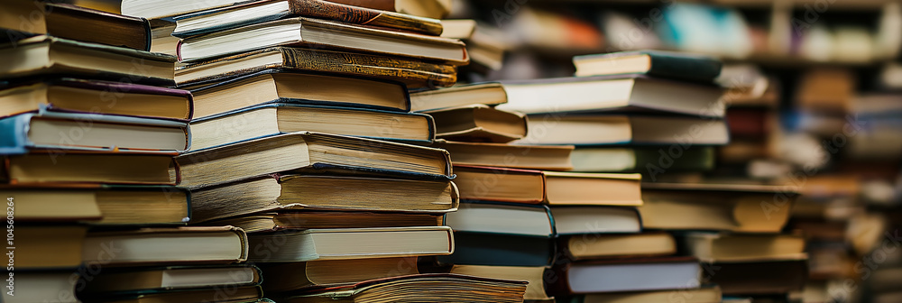 An enticing glimpse of endless knowledge and exploration with piles of books in a cozy, dimly-lit library corner. An enticing glimpse of endless knowledge and exploration with piles of books in a cozy, dimly-lit library corner.