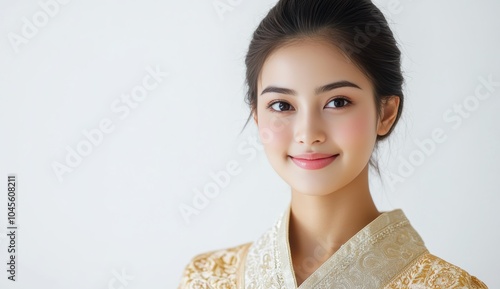 A beautiful young woman poses in traditional Asian dress, symbolizing cultural pride and fashion. The vibrant details and craftsmanship of the attire emphasize Asia rich heritage.