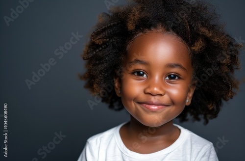 The bright smile and confident stance of a young black girl in a white t-shirt against a white backdrop make this image perfect for inclusivity and childhood happiness promotions.