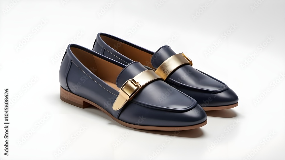 A photo-realistic image of trendy slip-on loafers in deep navy leather, with a gold buckle detail A photo-realistic image of trendy slip-on loafers in deep navy leather, with a gold buckle detail