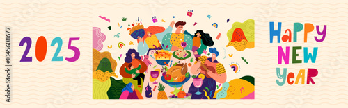 Happy New Year vector illustration. Happy people in a friendly company celebrate the New Year. Traditional holiday dinner in the family circle. Holiday New Year party. Christmas decorative banner 