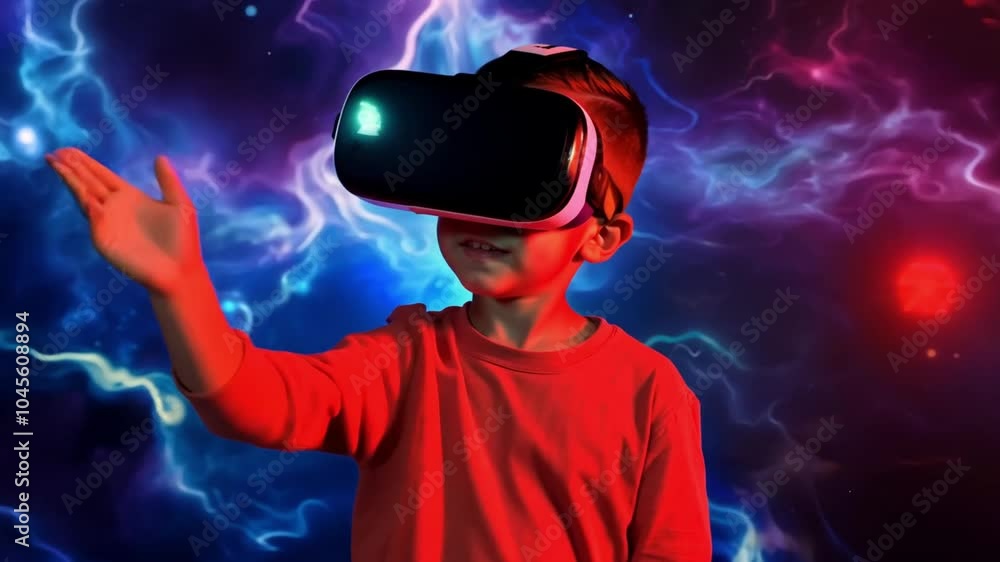 Young boy wearing a vr headset explores a vibrant virtual reality simulation of outer space, gesturing with his hand as he interacts with the digital environment Young boy wearing a vr headset explores a vibrant virtual reality simulation of outer space, gesturing with his hand as he interacts with the digital environment