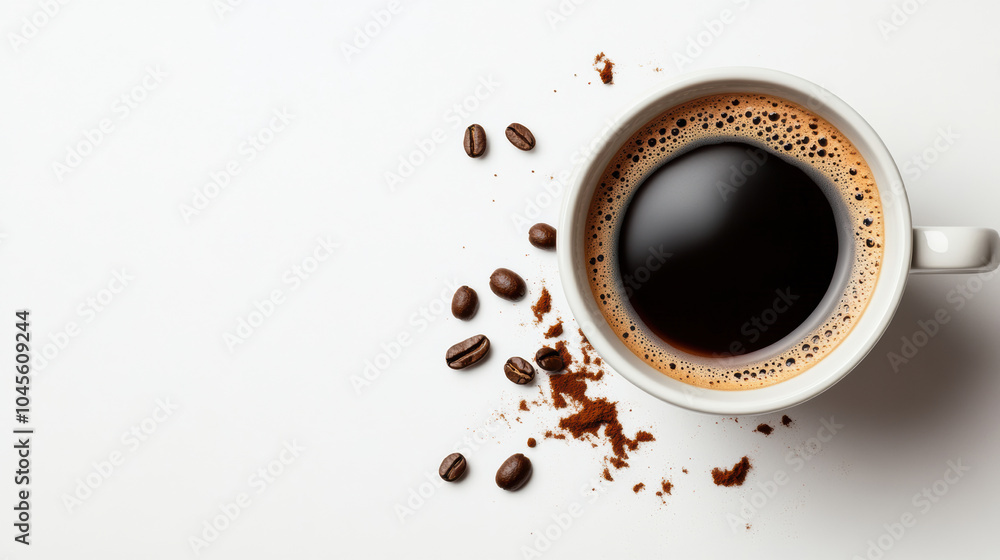 Obraz premium Rich black coffee spills from cup, surrounded by coffee beans and grounds