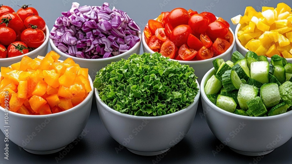 A photostock of assorted vegetables in salad bowls, white background, fresh and clean A photostock of assorted vegetables in salad bowls, white background, fresh and clean