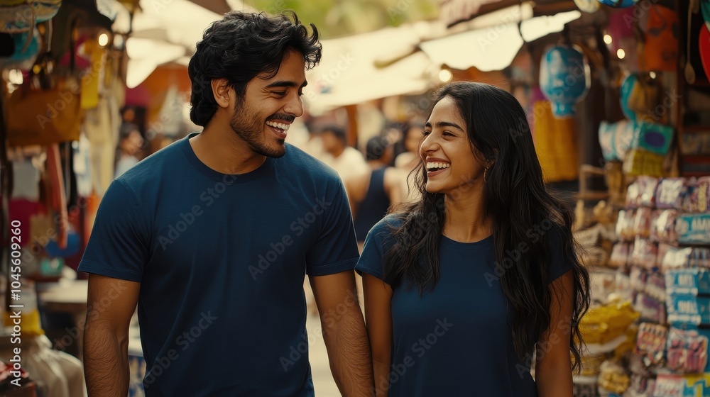 A young Indian man and a Latina woman stroll hand in hand, laughing in a vibrant market A young Indian man and a Latina woman stroll hand in hand, laughing in a vibrant market