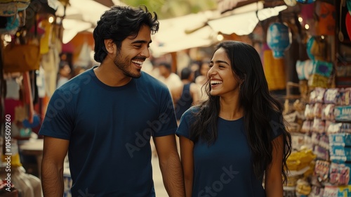 A young Indian man and a Latina woman stroll hand in hand, laughing in a vibrant market