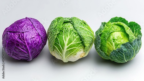 A photostock of assorted vegetables like cabbage and carrots, white background, bright colors photo