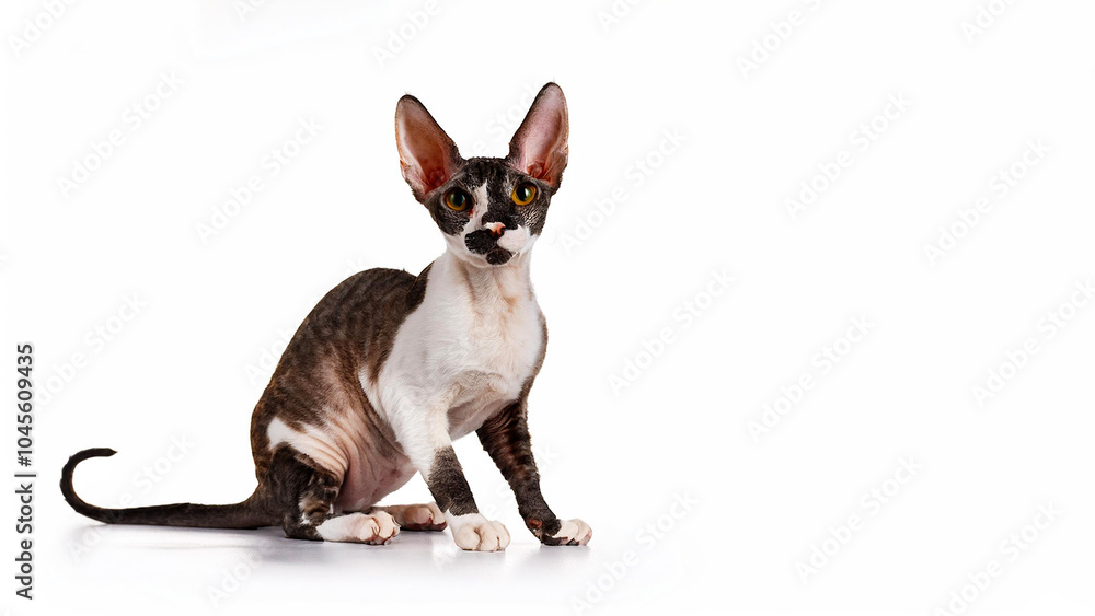 Cornish Rex cat sitting on a white background Cornish Rex cat sitting on a white background
