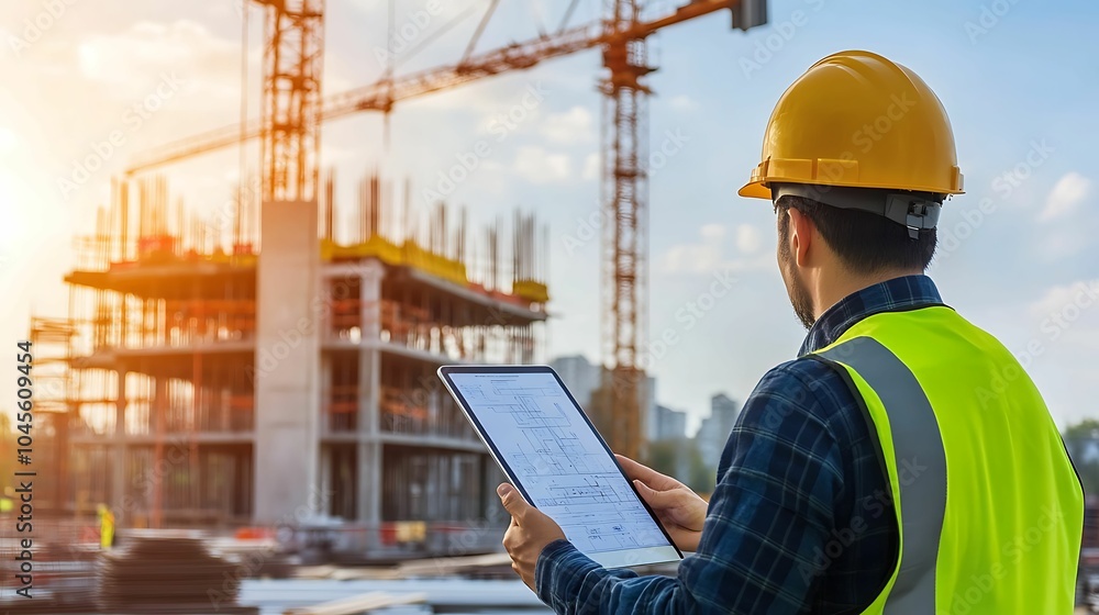 A construction engineer wearing a hard hat and safety vest reviews building plans on a tablet at an active construction site with cranes and scaffolding. A construction engineer wearing a hard hat and safety vest reviews building plans on a tablet at an active construction site with cranes and scaffolding.