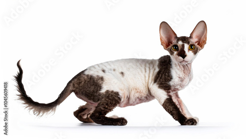 Cornish Rex cat standing on white background photo