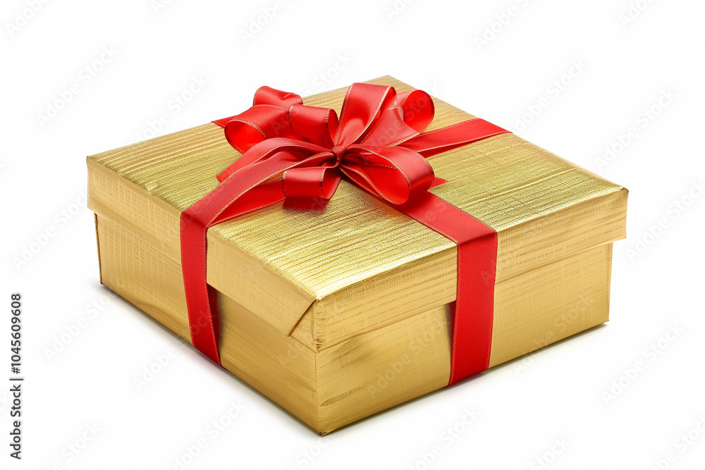 Golden gift box with red ribbon on white background. Golden gift box with red ribbon on white background.