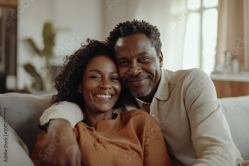 Portrait of attractive aged retired couple hugging resting together at home sit on sofa laughing looking at camera, enjoy their harmonic relationships lifelong marriage and carefree life on retirement