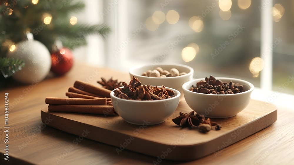 Christmas spices displayed in small bowls with cloves, cinnamon sticks, and nutmeg, warm holiday setting Christmas spices displayed in small bowls with cloves, cinnamon sticks, and nutmeg, warm holiday setting