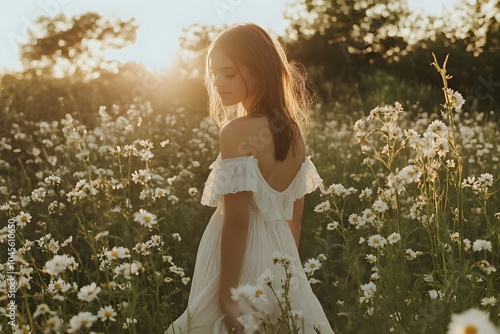 outdoors portrait of the young girl in white dress in the nature on the field full of flowers in the summer