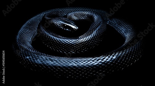 Isolated Black Snake Uncoiling on Dark Background photo