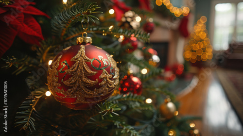 A modern decorated Christmas tree in the house.