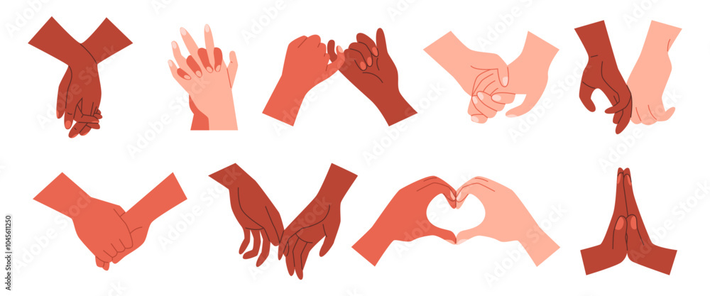 Multinational romantic couple hold hands vector icon set, hand shake, touch palms or fingers, heart shape gesture signs Multinational romantic couple hold hands vector icon set, hand shake, touch palms or fingers, heart shape gesture signs