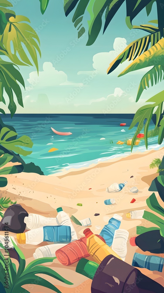 Obraz premium A flat vector cartoon illustration depicting plastic bottles and trash on a beach, with an ocean in the background. 