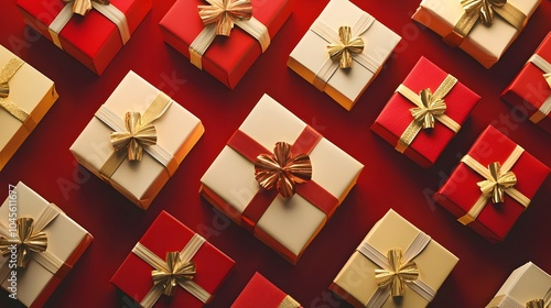 Gift boxes in geometric diagonal layout on red backdrop. Boxing Day sales, holiday promos and seasonal shopping campaigns