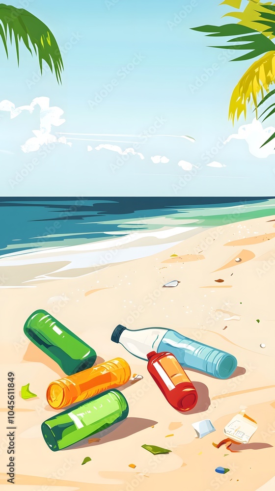 A flat vector cartoon illustration depicting plastic bottles and trash on a beach, with an ocean in the background. A flat vector cartoon illustration depicting plastic bottles and trash on a beach, with an ocean in the background.
