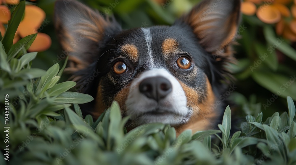 Fototapeta premium Pets exploring and playing with natural elements in a garden. Featuring joyful activities and engagement with plants. Ideal for garden-themed pet content.