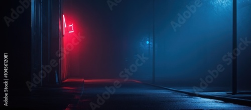 Fototapeta Naklejka Na Ścianę i Meble -  Empty city street at night with fog and red neon sign.