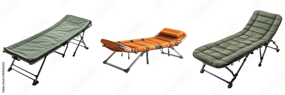 Comfortable folding camping cot for outdoor relaxation isolator on the background
Comfortable folding camping cot for outdoor relaxation isolator on the background