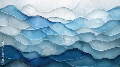 Layers of wavy glass forms in soft, transparent blues, blending together to form a serene, ocean-inspired background.