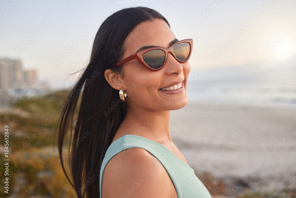 Woman, beach and happy from vacation, sunset and summer break with travel and relax outdoor. Nature, smile and sea with trip by ocean on holiday in Miami with weekend, sunglasses and seaside harmony Woman, beach and happy from vacation, sunset and summer break with travel and relax outdoor. Nature, smile and sea with trip by ocean on holiday in Miami with weekend, sunglasses and seaside harmony