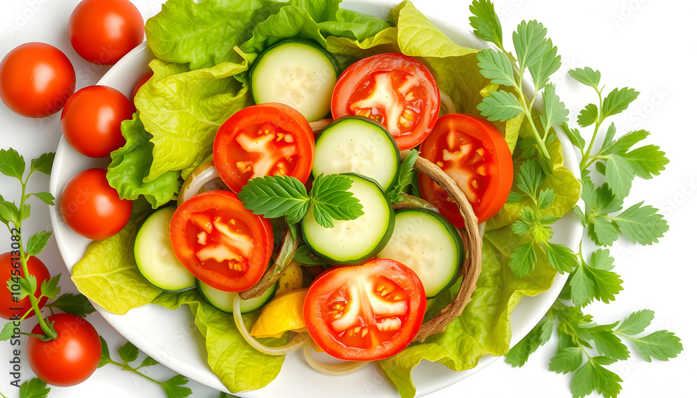 Fresh salad with tomato, cucumber and herbs, flat lay from above isolated with white highlights, png Fresh salad with tomato, cucumber and herbs, flat lay from above isolated with white highlights, png