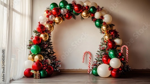 Festive Christmas balloon arch. Photo wall decoration space or place for text. Celebration concept