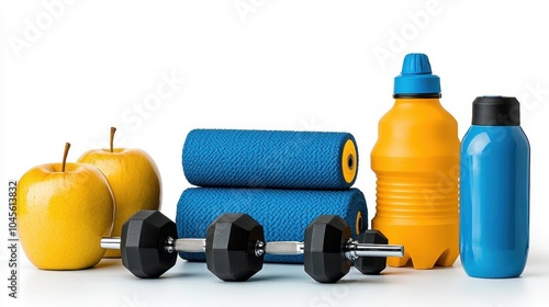 A photostock of fitness equipment like dumbbells, water bottle, and apple, bright colors, white background photo