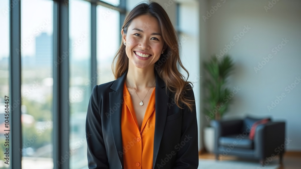 A confident and professional businesswoman smiling warmly in a modern office setting with large windows, showcasing her stylish outfit and inviting personality, perfect for corporate or career-related A confident and professional businesswoman smiling warmly in a modern office setting with large windows, showcasing her stylish outfit and inviting personality, perfect for corporate or career-related