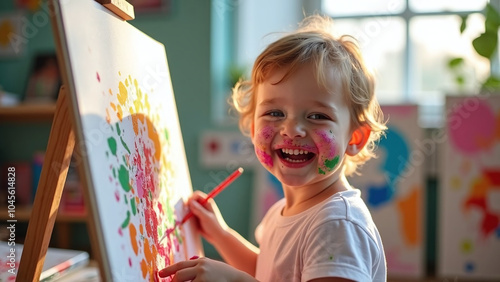A delighted young child with a big smile and paint-splattered cheeks joyfully creating colorful artwork on a canvas in a bright and cheerful art studio, celebrating creativity and imagination