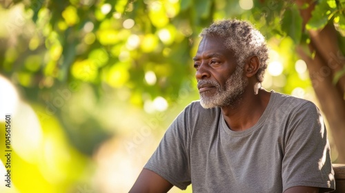An elderly Black man sits thoughtfully on a bench, surrounded by greenery and gentle sunlight