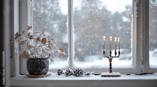 Elegant Menorah by a Snowy Window Scene photo