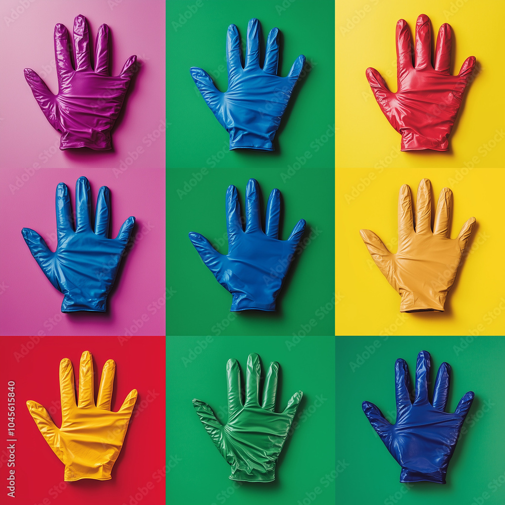 Fototapeta premium Pop art collage, set of medical gloves isolated on multi-colored background