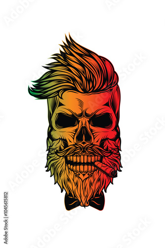 Hipster skull with beard and mustache with cigar in mouth.. Original vector illustration in vintage style. T-shirt design.