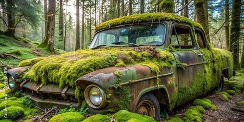 Rusty car in the forest, overgrown with moss