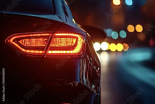 Sleek black car parked in line on a city street at night, with vibrant red rear lights reflecting on rain-soaked asphalt, creating a modern, luxurious atmosphere for automotive enthusiasts photo