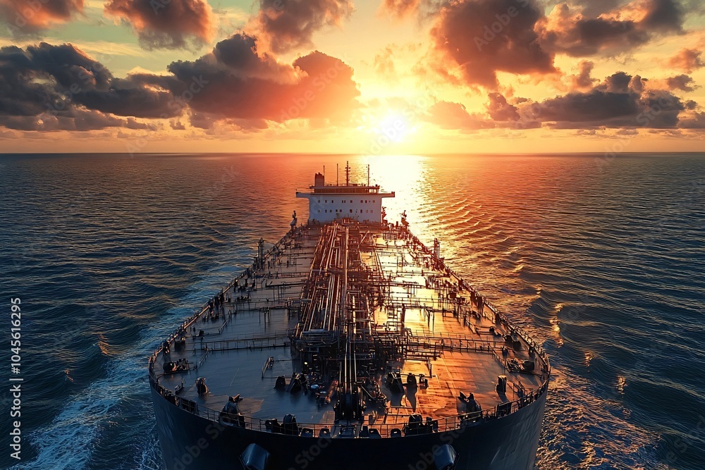 Fototapeta premium Large tanker ship is sailing on calm ocean water as the sun sets over the horizon, casting an orange glow on the water. The ship is carrying a large amount of crude oil