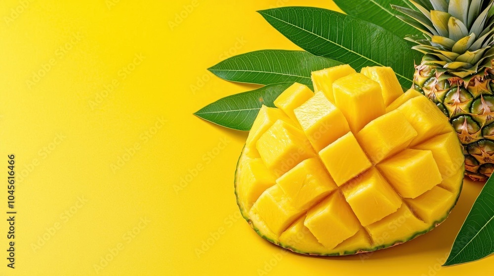 A photostock of fresh mango and pineapple slices, yellow background, bright colors A photostock of fresh mango and pineapple slices, yellow background, bright colors