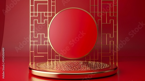 Red and Gold 3D Render of a Circular Platform with Decorative Grid. photo