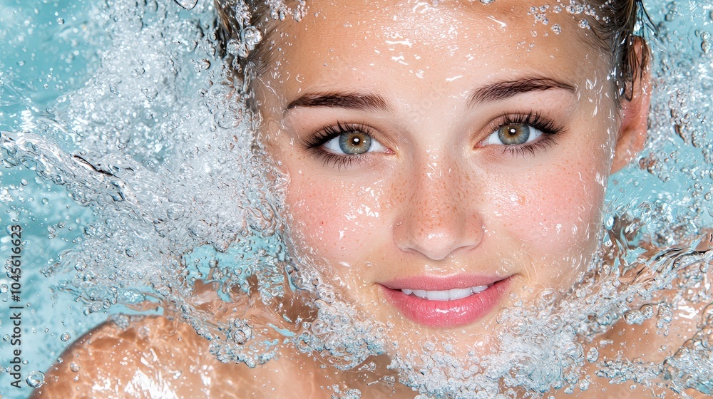 Fototapeta premium Woman s Face Emerging from Water with Splash and Bubbles