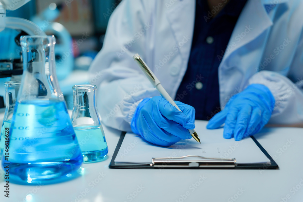 Fototapeta premium Scientist wearing blue gloves writing down experiment results on a clipboard in a laboratory
