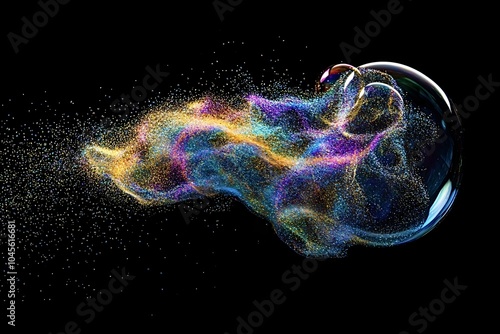 Soap bubble bursts, releasing colorful particles that dance in the air against a black background, creating a dynamic scene of vibrant energy and motion