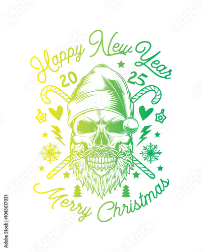 Skull with beard and mustache in Santa Claus hat. Christmas and New Year poster. Original vector illustration in vintage style. T-shirt design.