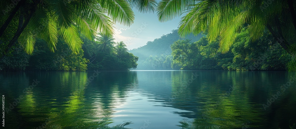 Serene tropical landscape with lush greenery reflecting in calm water. Serene tropical landscape with lush greenery reflecting in calm water.
