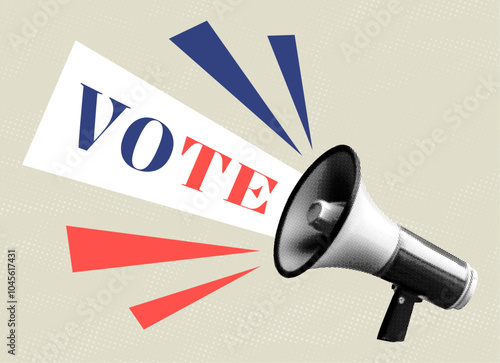 voting importance concept design with vote megaphone loudspeaker isolated on beige background retro halftone dotted texture collage cut-out element